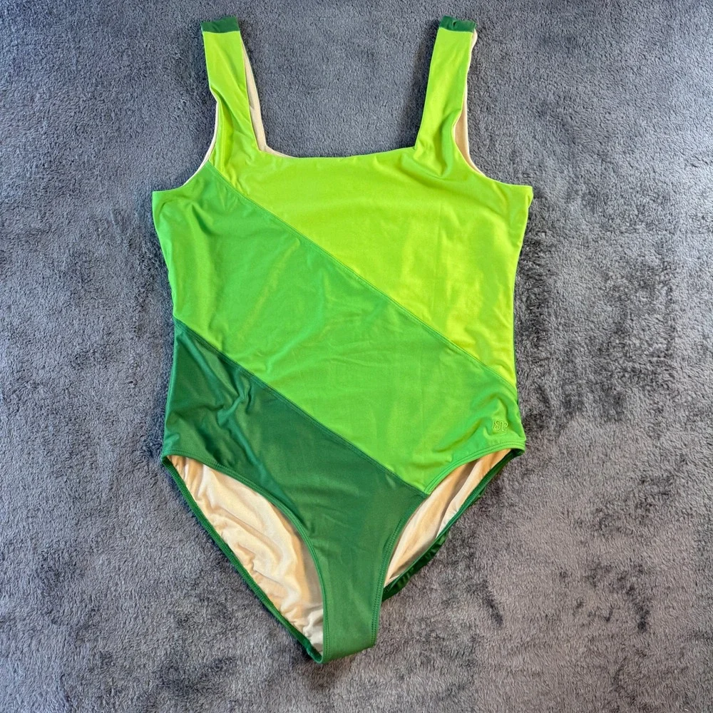 Albion Fit Green Colorblock One Piece Swimsuit Women XXL Square Neck‎ Stretch